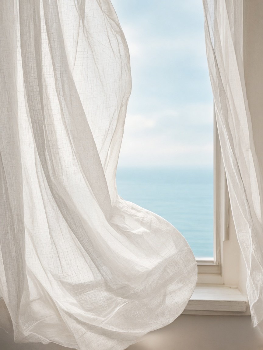 Sheer white curtains in a sea breeze