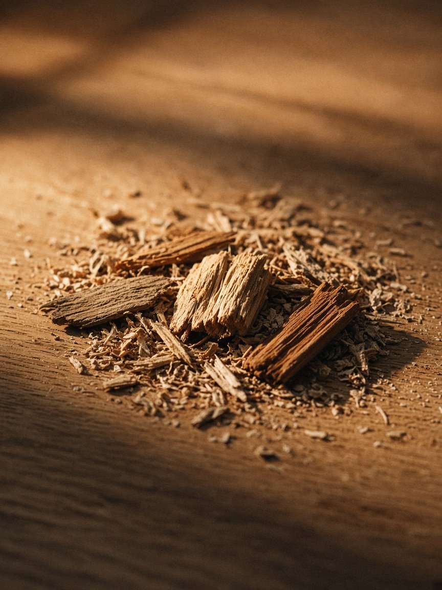 Sandalwood shavings in warm golden light